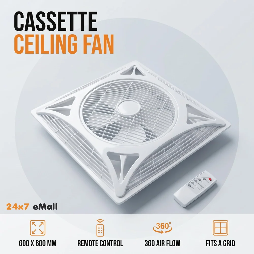 Cassette Flase Ceiling Fan Recessed Square Fan With Remote Control For Home And Commercial Use, 360° Air Flow - 600 x 600 mm - White