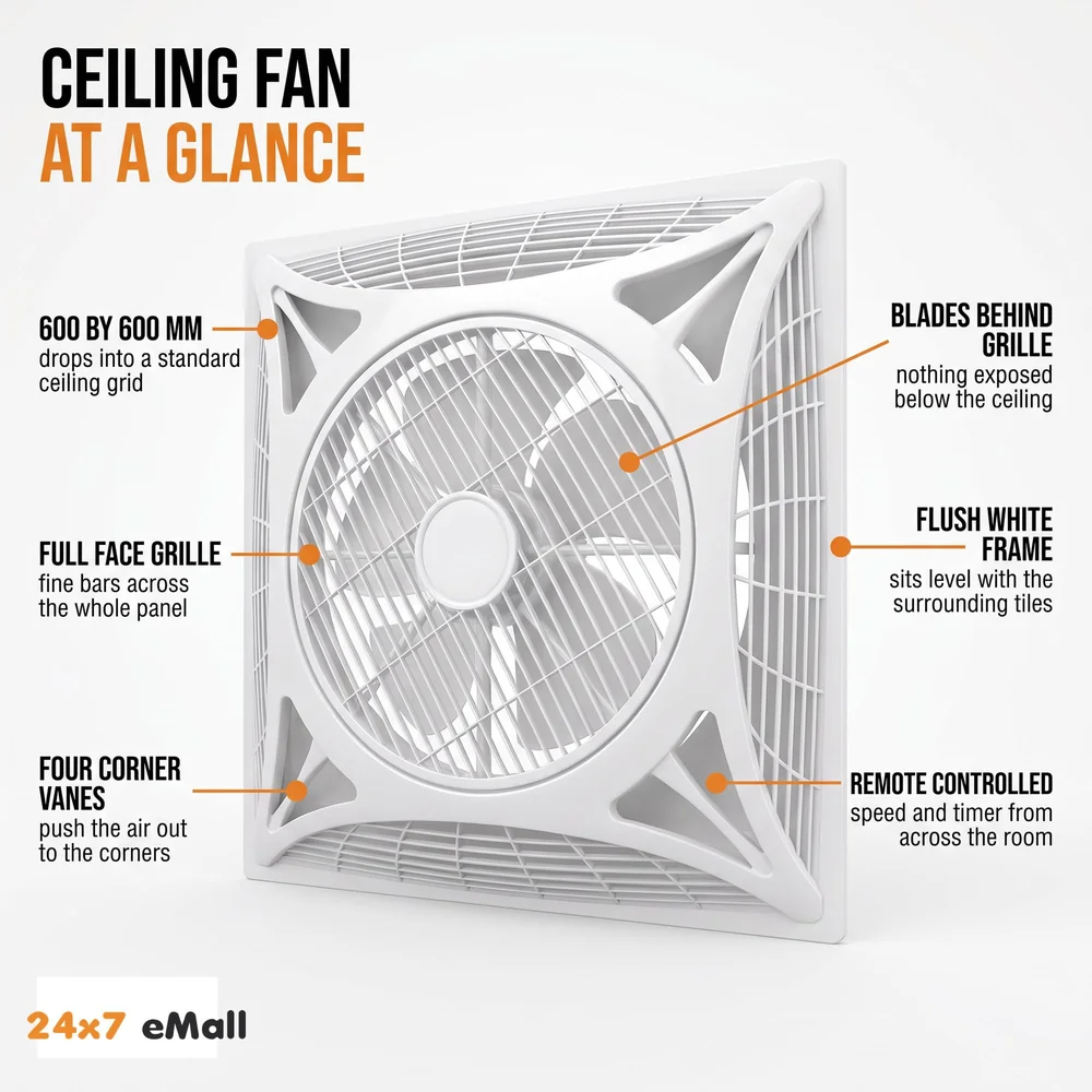 Cassette Flase Ceiling Fan Recessed Square Fan With Remote Control For Home And Commercial Use, 360° Air Flow - 600 x 600 mm - White