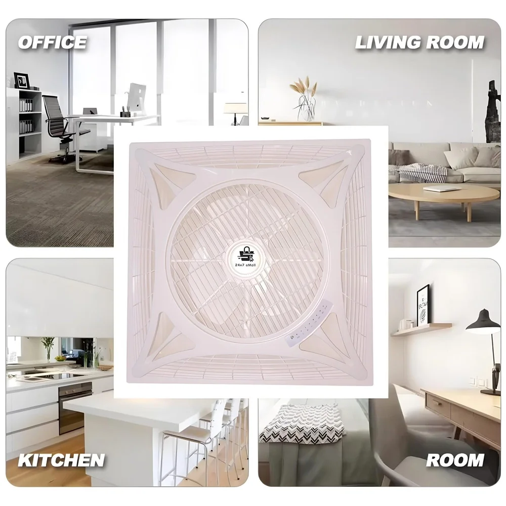 Cassette Flase Ceiling Fan Recessed Square Fan With Remote Control For Home And Commercial Use, 360° Air Flow - 600 x 600 mm - White
