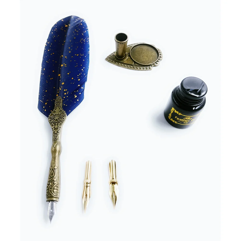 Blue Glitter Feather Pen Set, Vintage Carving Glittering Quill Pen Set Antique Calligraphy set Writing Dip Pen with Black Ink, 2 Replacement Nibs, Pen Stand Base, Luxury Signature Pen.
