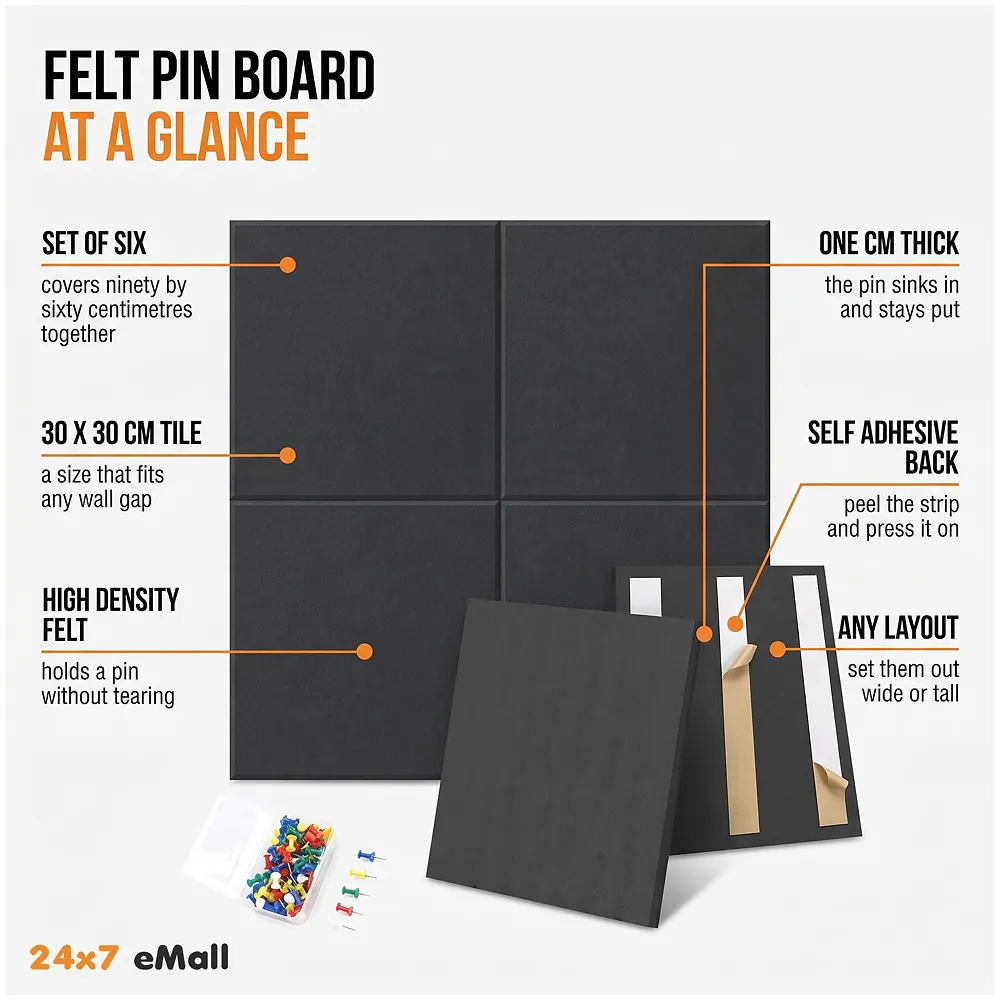 6 Pcs Felt Bulletin Board Tiles 30 x 30 cm Self Adhesive Black