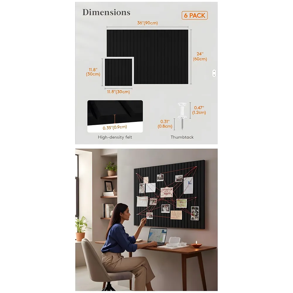 6 Pcs Felt Bulletin Board Tiles 30 x 30 cm Self Adhesive Black