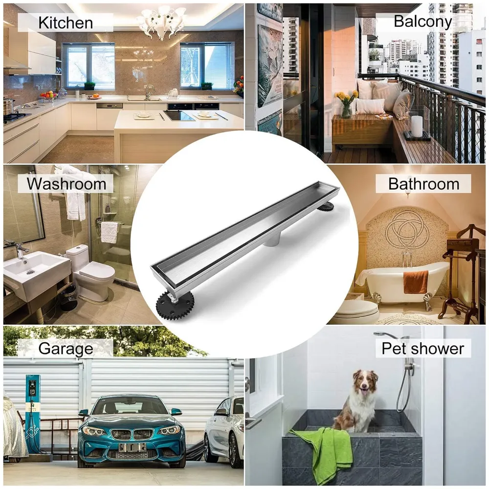 24" x 4" Bathroom Insert Floor Drain Tile Marble Insert Grate Grafting Shower Channel Water Drainer for Bathroom with Anti-Foul Cockroach Trap Center Hole