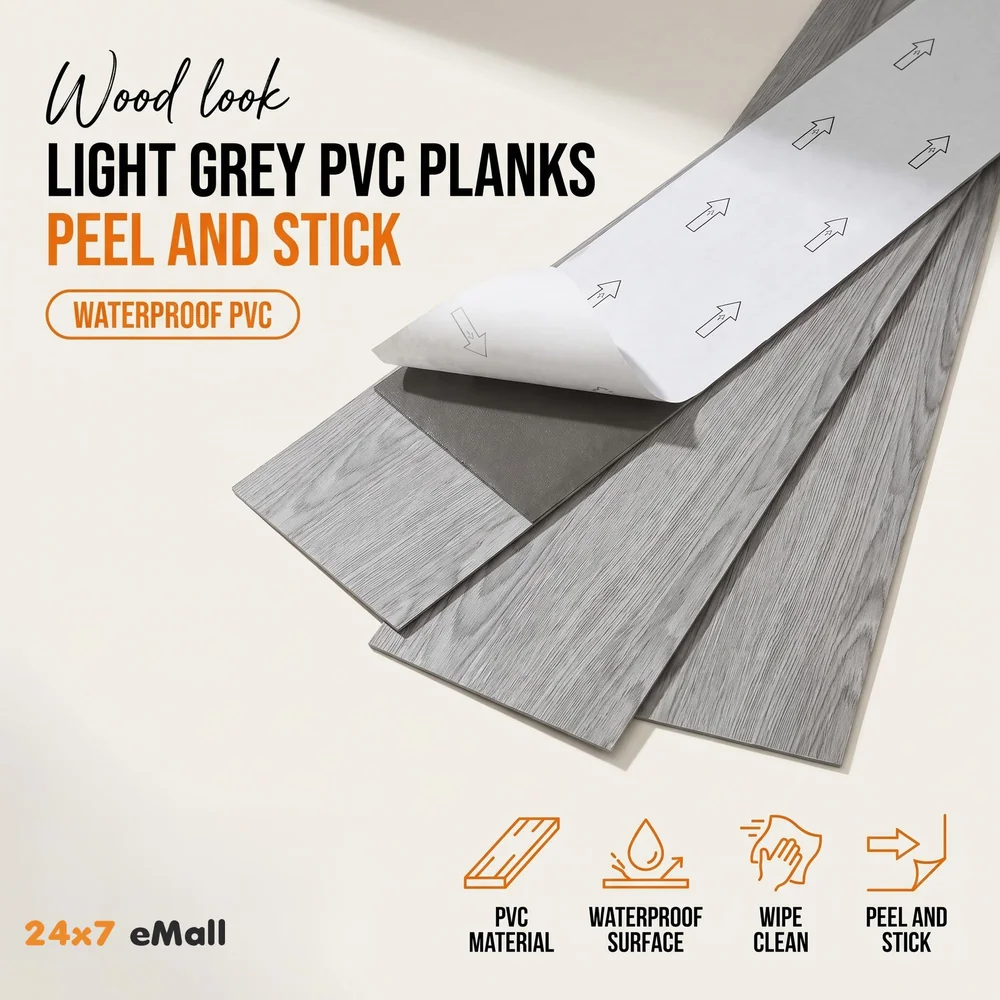 Light Grey PVC Wood Floor Planks Flooring Tiles Self Adhesive Peel & Stick Grey Wooden Design 18 Planks 27 Square feet Light grey Wood Colour
