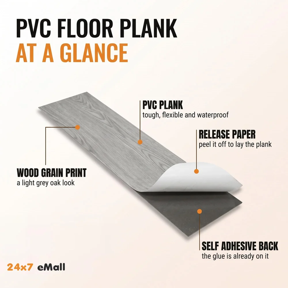 Light Grey PVC Wood Floor Planks Flooring Tiles Self Adhesive Peel & Stick Grey Wooden Design 18 Planks 27 Square feet Light grey Wood Colour