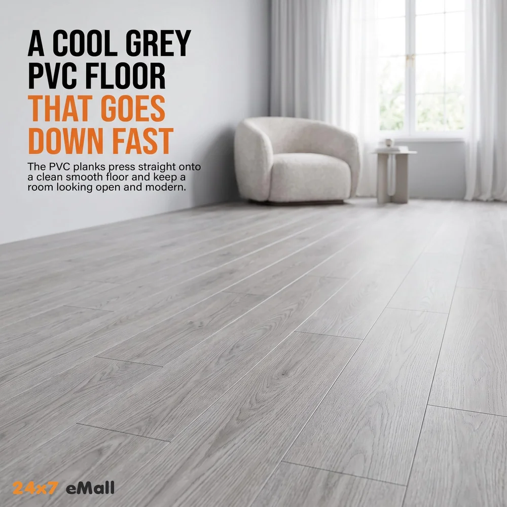 Light Grey PVC Wood Floor Planks Flooring Tiles Self Adhesive Peel & Stick Grey Wooden Design 18 Planks 27 Square feet Light grey Wood Colour