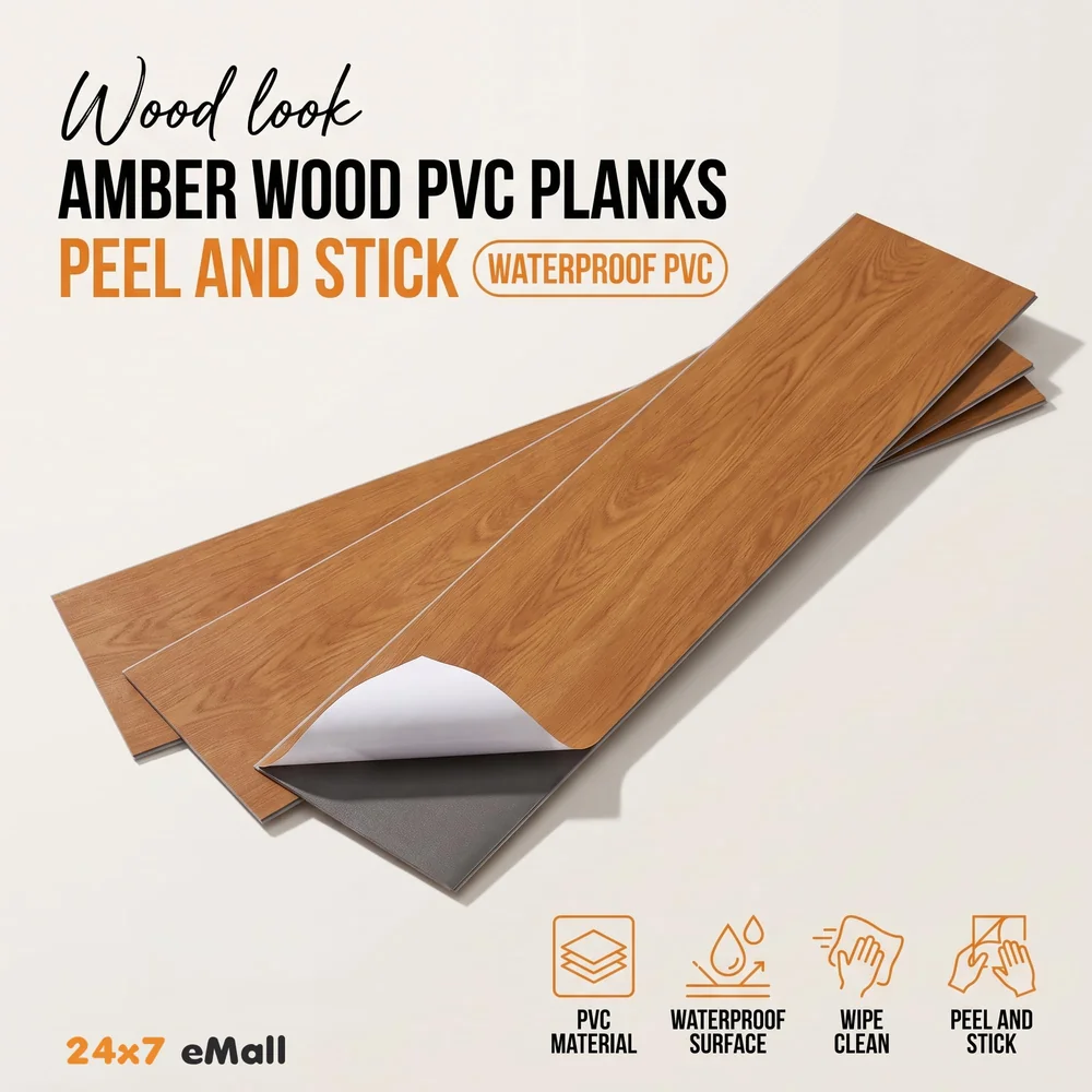 Brown Amber PVC Wood Floor Planks Flooring Tiles Self Adhesive Peel & Stick Grey Wooden Design 18 Planks 27 Square feet PVC Amber Wood Colour
