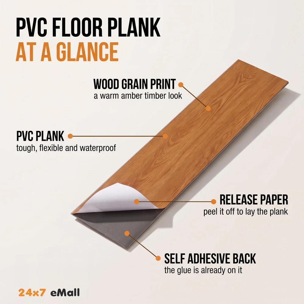 Brown Amber PVC Wood Floor Planks Flooring Tiles Self Adhesive Peel & Stick Grey Wooden Design 18 Planks 27 Square feet PVC Amber Wood Colour