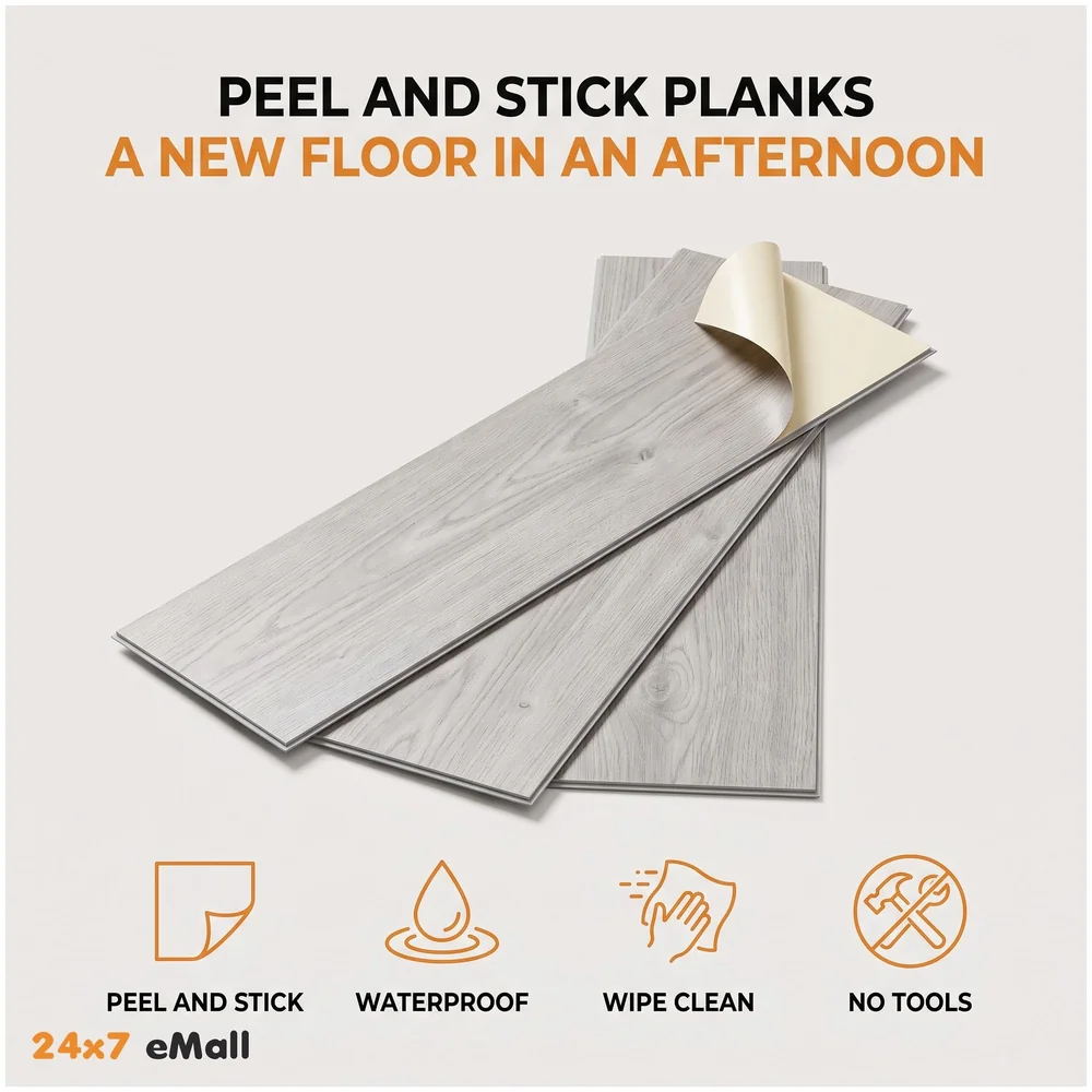 18 Pcs Light Grey Oak PVC Wood Floor Planks Peel Stick 27 Sq Ft