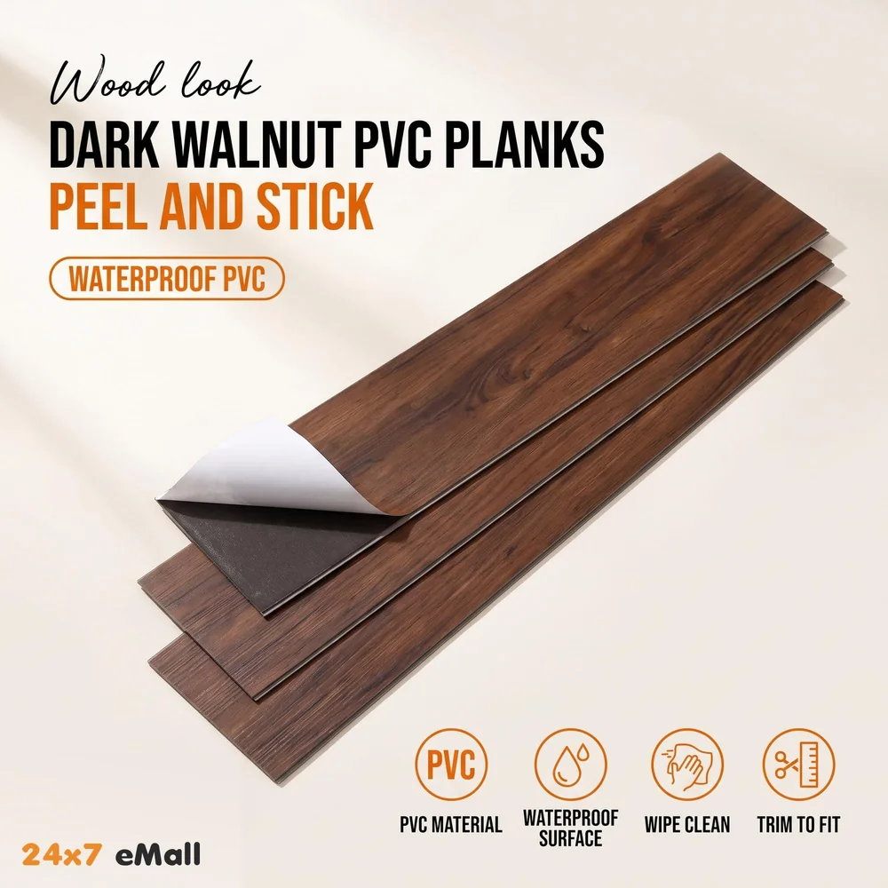 Dark Brown PVC Wood Floor Planks Flooring Tiles With Self Adhesive Peel & Stick Wooden Design18 Planks 27 Square feet Walnut Wood Colour