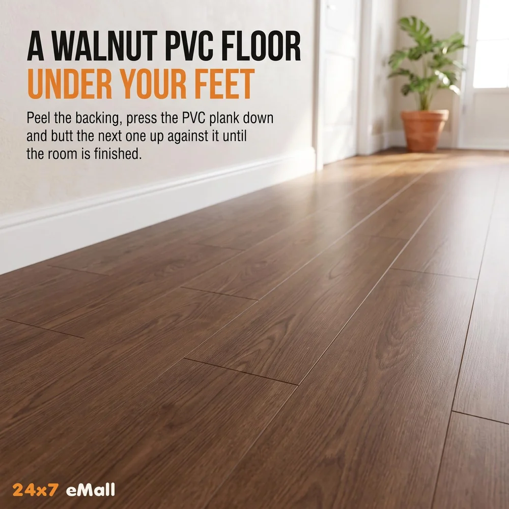 Dark Brown PVC Wood Floor Planks Flooring Tiles With Self Adhesive Peel & Stick Wooden Design18 Planks 27 Square feet Walnut Wood Colour