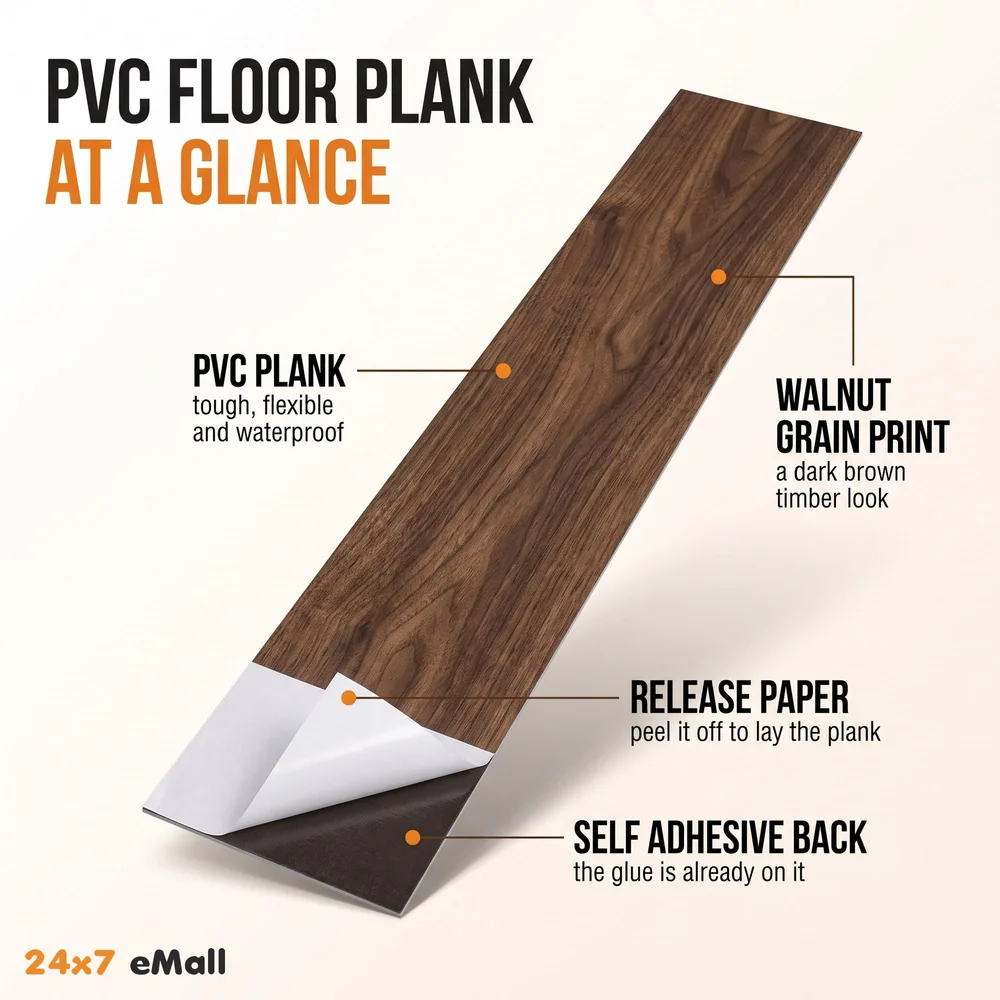 Dark Brown Walnut PVC Wood Floor Planks Flooring Tiles Self Adhesive Peel & Stick Grey Wooden Design 18 Planks 27 Square feet PVC Walnut Wood Colour