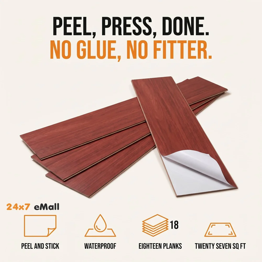 PVC Flooring Planks Tiles Self Adhesive Peel & Stick Wooden Design 18 Planks 27 Square feet. (18, Mahogany)