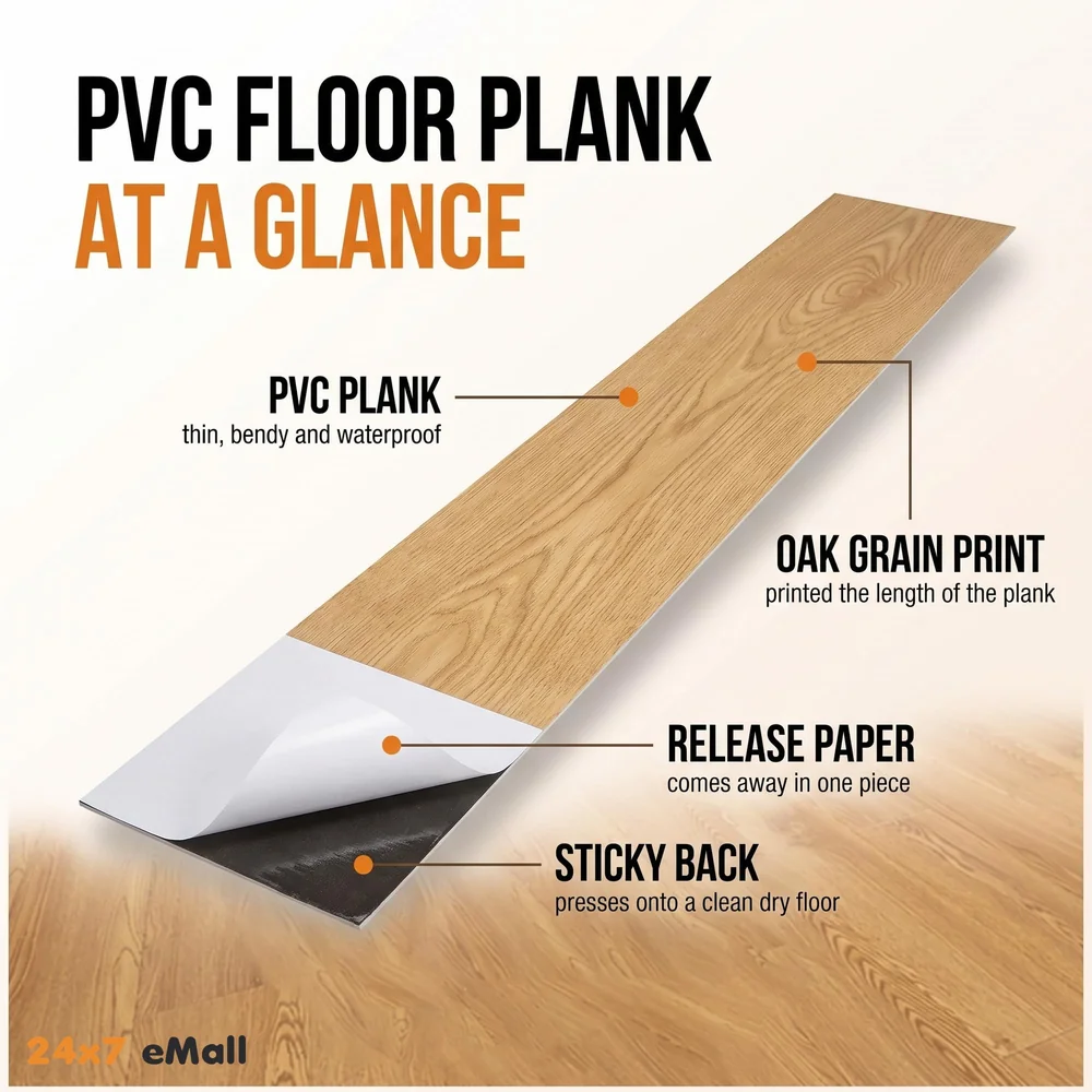 PVC Flooring Planks Tiles Self Adhesive Peel & Stick Wooden Design 18 Planks 27 Square feet. (18, Natural Oak)