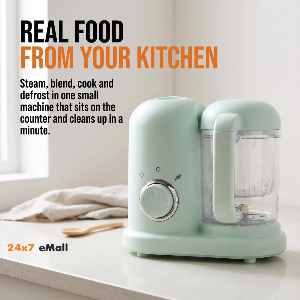 4-in-1 Baby Food Maker Baby Food Processor Food Cooker, Blender, Steamer and Defroster Baby Meal Essentials Make Healthy Fresh Baby Food at Home.