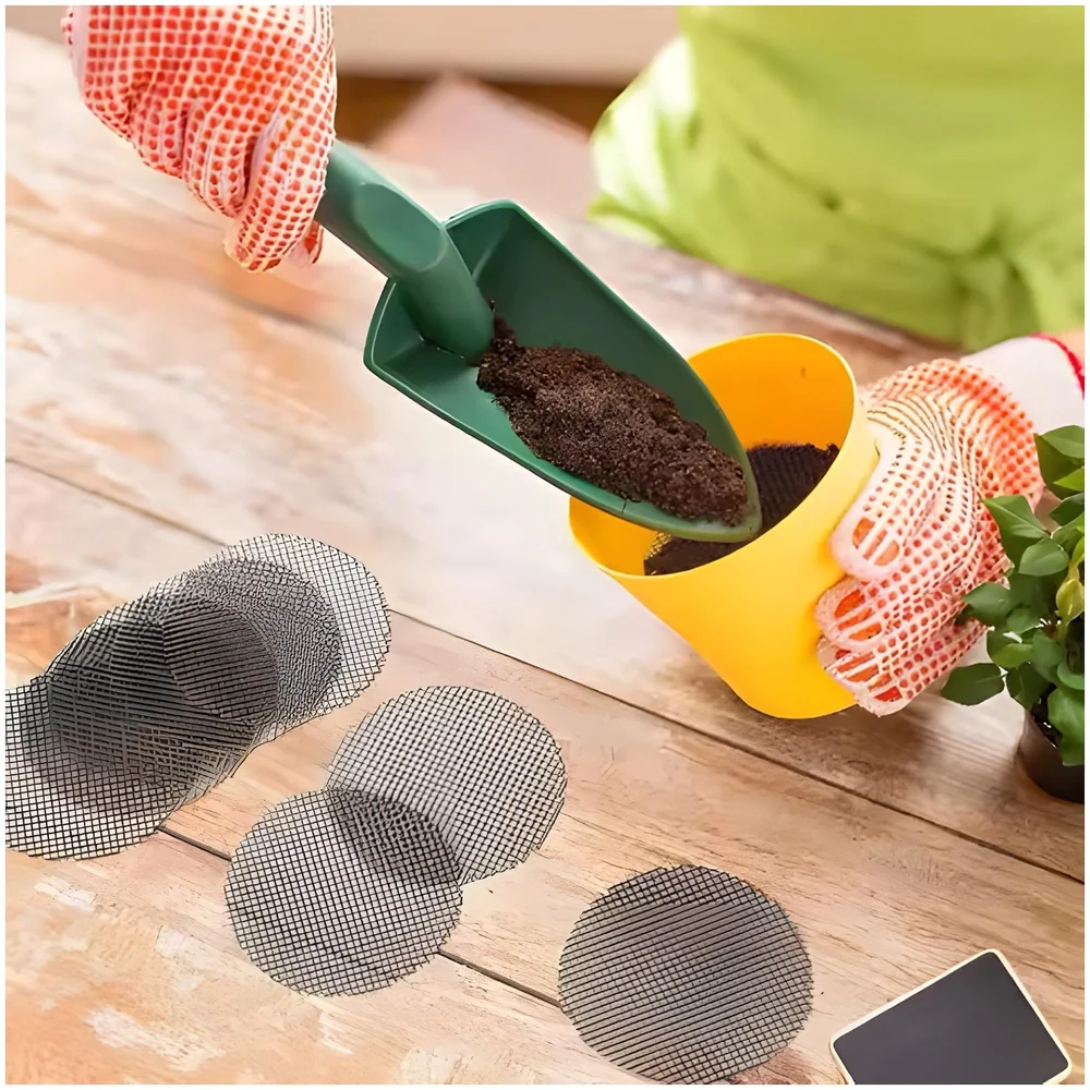 50 pcs Flower Pot Hole Mesh Jali 10 Cm x 10 Cm to Prevent Soil Loss for All Types of Pot Plants Home Garden Soil Erosion Prevention.
