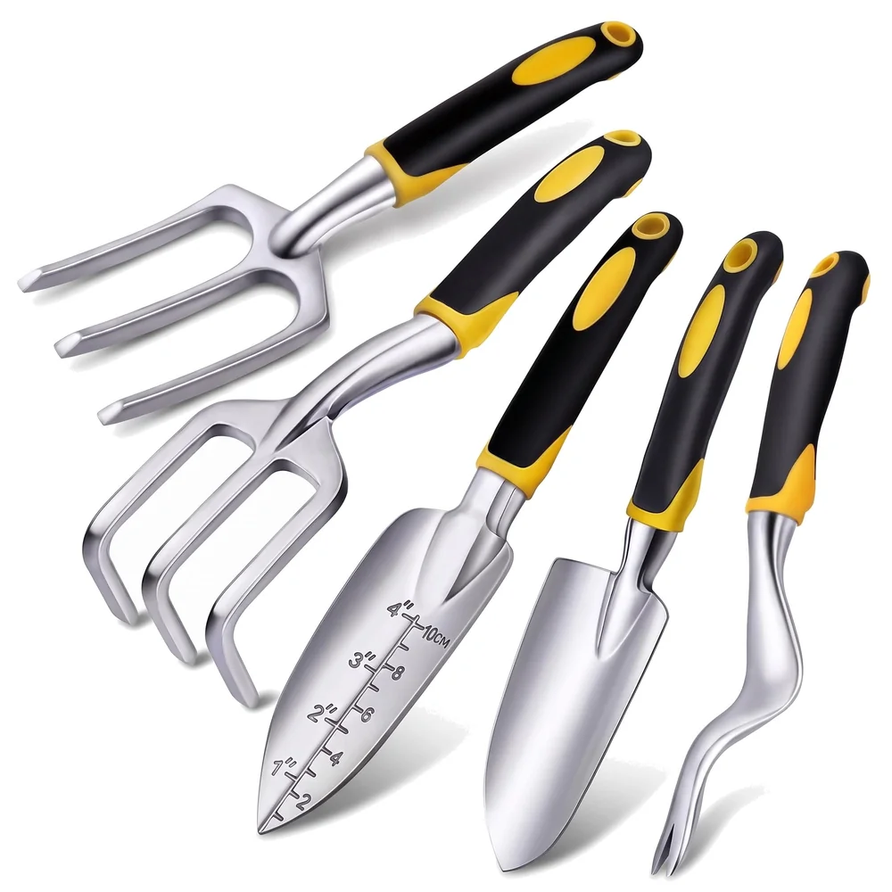 5 Pcs Gardening Tools for Garden Home Patio, Heavy Duty Aluminium Tools Set with Gardening Transplanting Spade, Cultivator, Weeder, Trowel and Weeding Fork, Durable Gardening Accessories