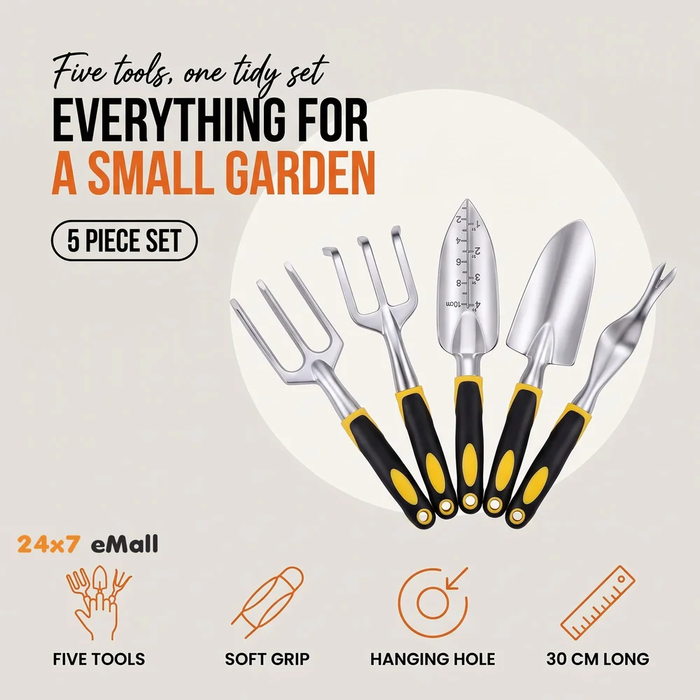 5 Pcs Gardening Tools for Garden Home Patio, Heavy Duty Aluminium Tools Set with Gardening Transplanting Spade, Cultivator, Weeder, Trowel and Weeding Fork, Durable Gardening Accessories