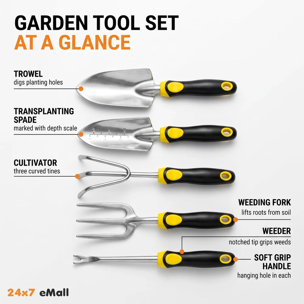 5 Pcs Gardening Tools for Garden Home Patio, Heavy Duty Aluminium Tools Set with Gardening Transplanting Spade, Cultivator, Weeder, Trowel and Weeding Fork, Durable Gardening Accessories