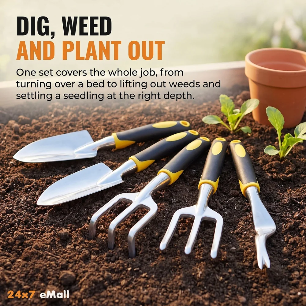 5 Pcs Gardening Tools for Garden Home Patio, Heavy Duty Aluminium Tools Set with Gardening Transplanting Spade, Cultivator, Weeder, Trowel and Weeding Fork, Durable Gardening Accessories