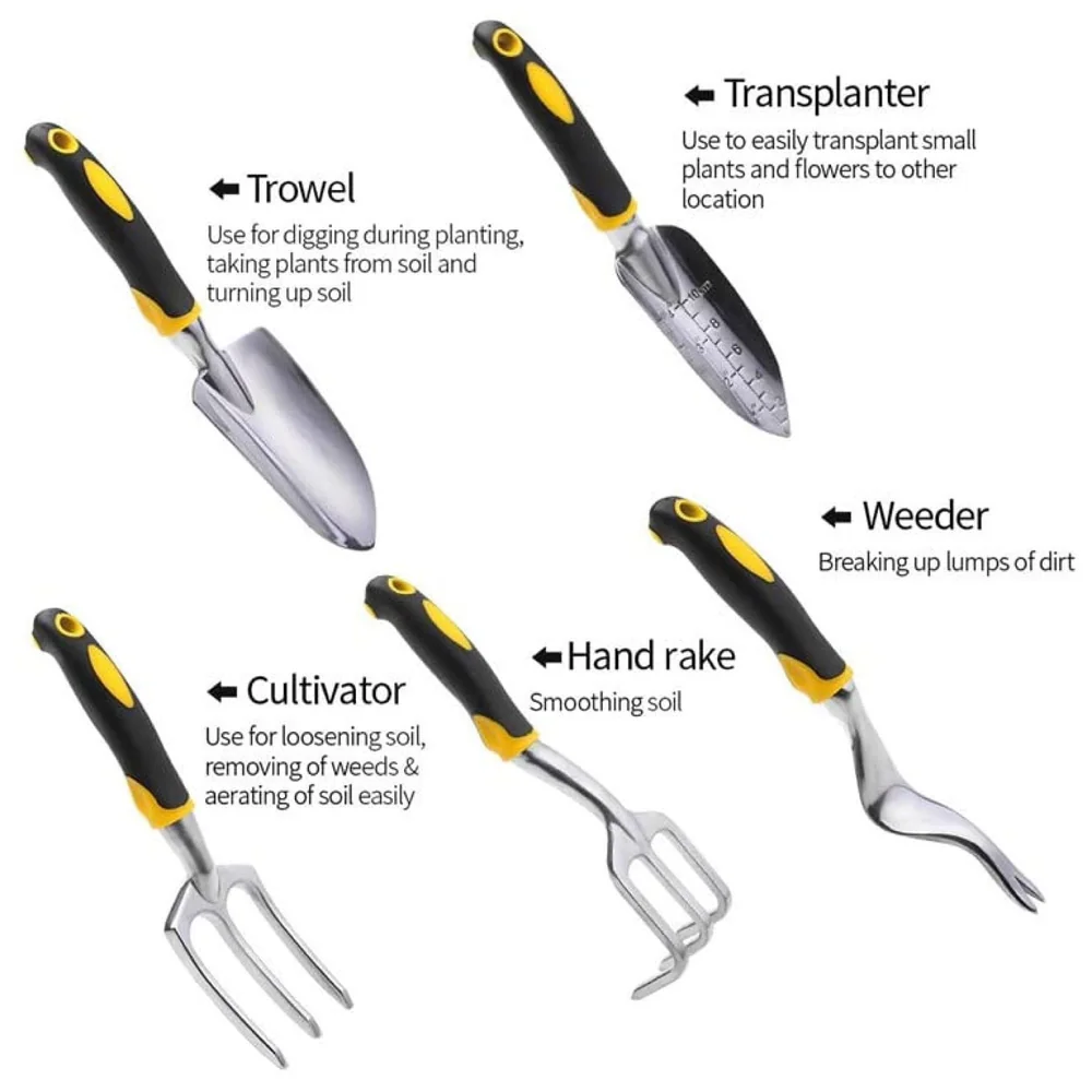 5 Pcs Gardening Tools for Garden Home Patio, Heavy Duty Aluminium Tools Set with Gardening Transplanting Spade, Cultivator, Weeder, Trowel and Weeding Fork, Durable Gardening Accessories