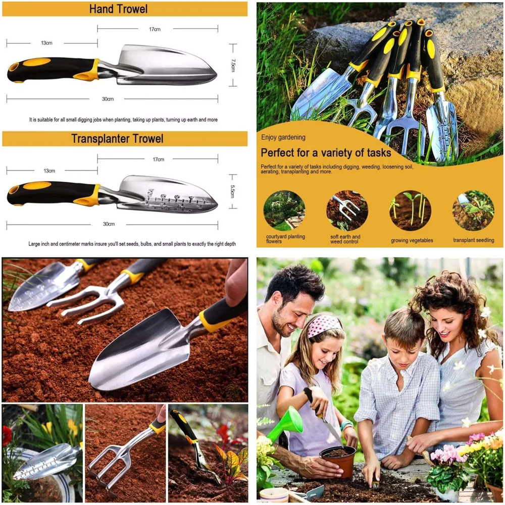 5 Pcs Gardening Tools for Garden Home Patio, Heavy Duty Aluminium Tools Set with Gardening Transplanting Spade, Cultivator, Weeder, Trowel and Weeding Fork, Durable Gardening Accessories