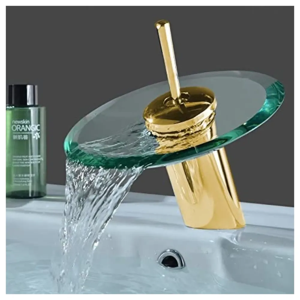 Gold Glass Waterfall Mixer Bathroom Faucet Brass Glass Single Lever Basin Vanity Lavatory Vessel Sink Faucet.