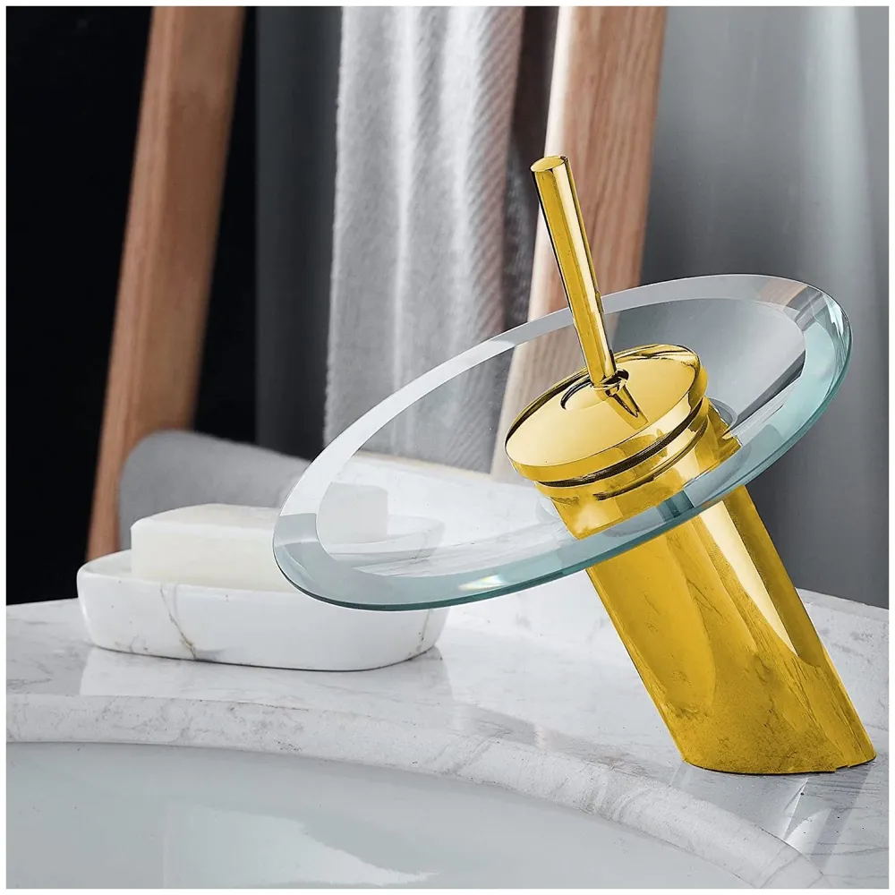 Gold Glass Waterfall Mixer Bathroom Faucet Brass Glass Single Lever Basin Vanity Lavatory Vessel Sink Faucet.