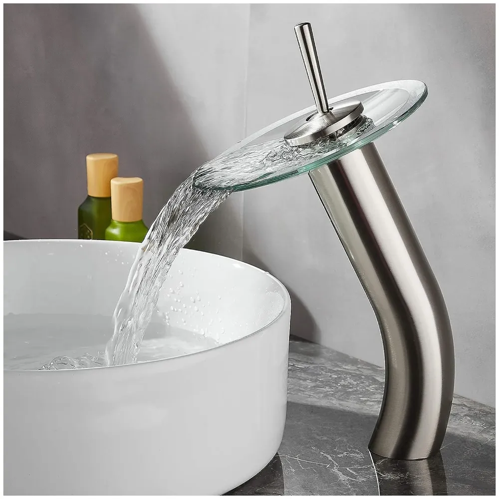 Tall Glass Waterfall Basin Mixer, Basin Tap, Bathroom Faucet, Brass, Single Lever, Basin, Vanity, Lavatory, Vessel, Sink Faucet, Height 11 Inches