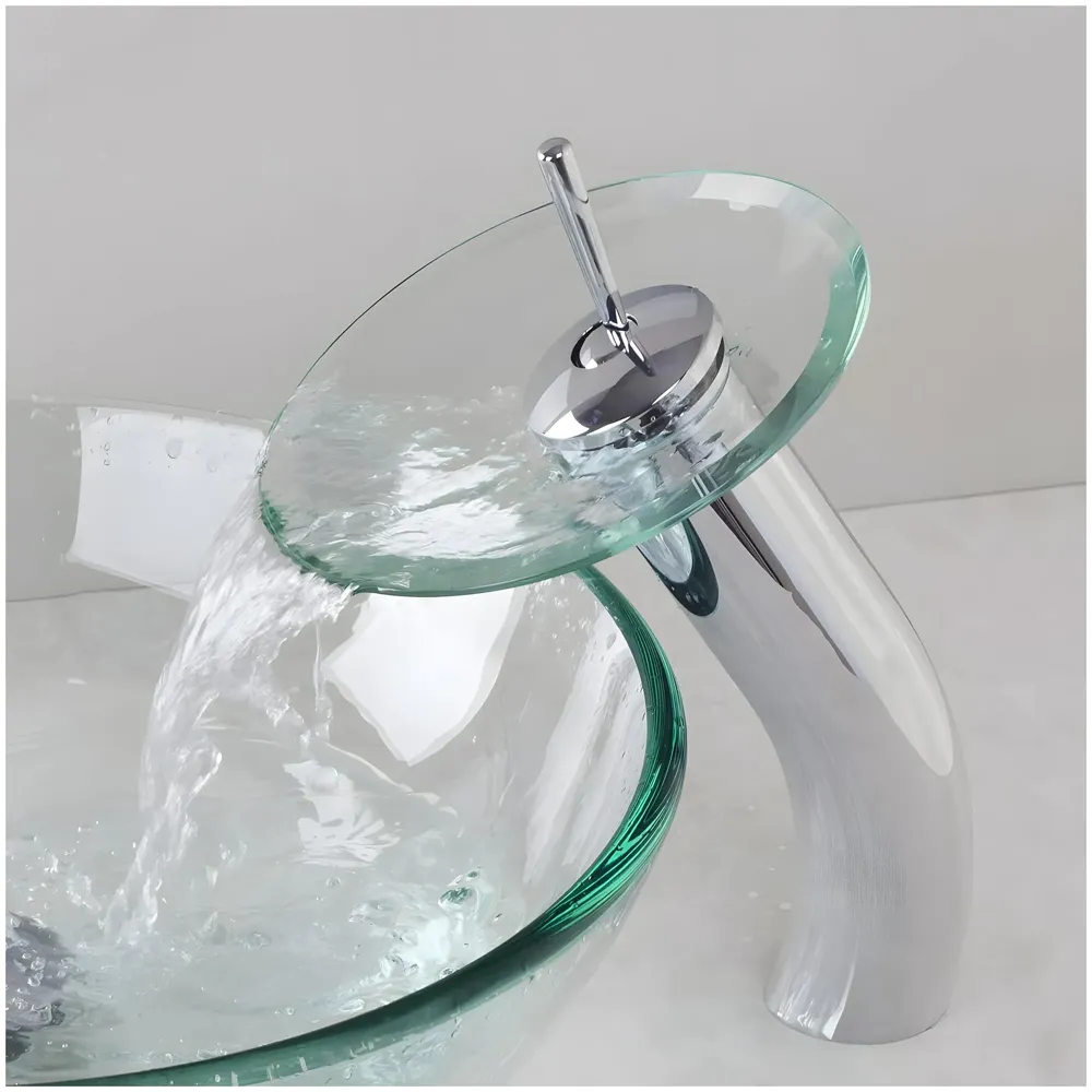 Tall Glass Waterfall Basin Mixer, Basin Tap, Bathroom Faucet, Brass, Single Lever, Basin, Vanity, Lavatory, Vessel, Sink Faucet, Height 11 Inches