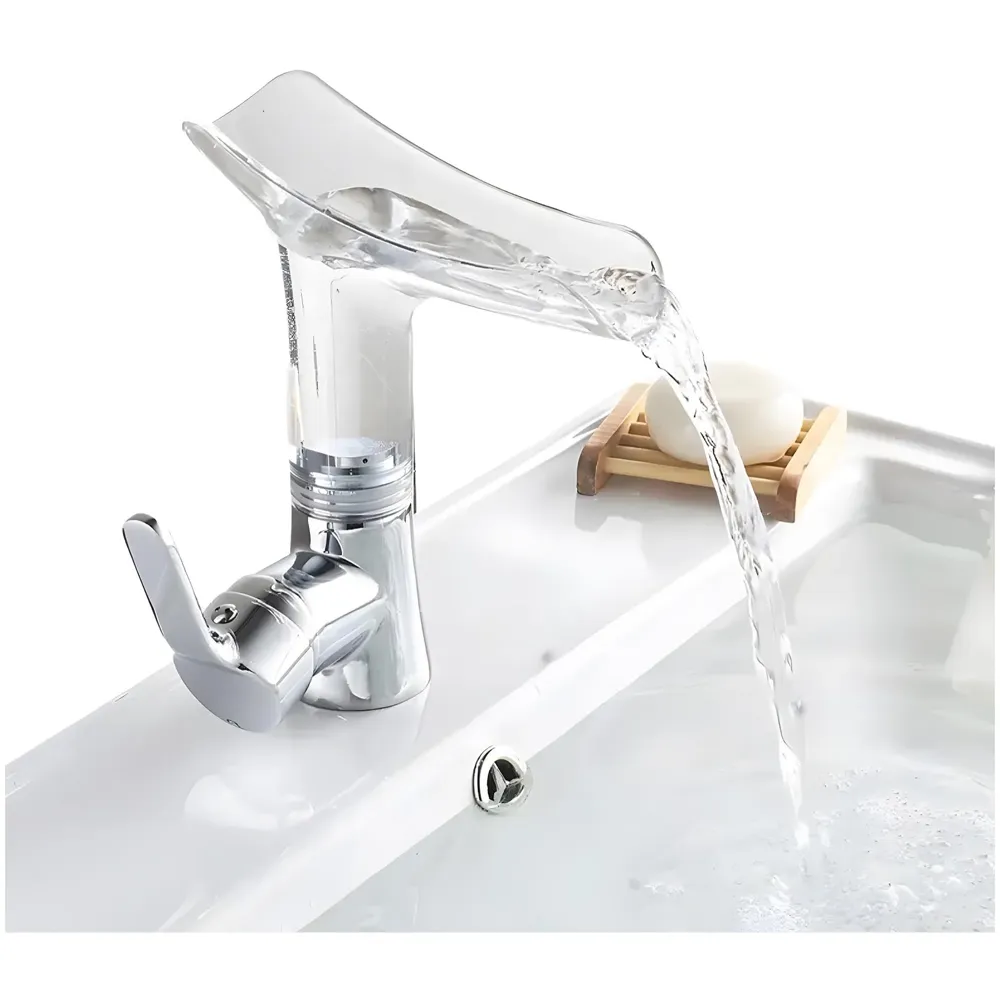 Glass Waterfall Tap Faucet Mixer Hot and Cold Bathroom Brass Single Lever Basin Mixer for Sink Toilet Wash Basin - 20 x 17 Cm