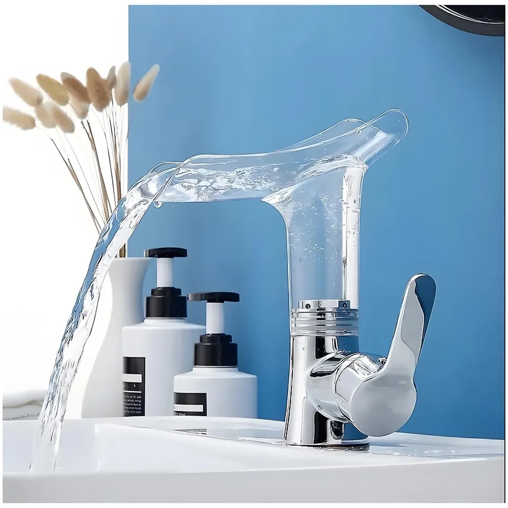 Glass Waterfall Tap Faucet Mixer Hot and Cold Bathroom Brass Single Lever Basin Mixer for Sink Toilet Wash Basin - 20 x 17 Cm