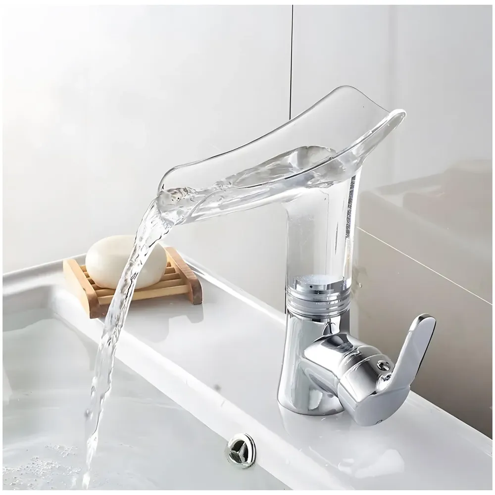 Glass Waterfall Tap Faucet Mixer Hot and Cold Bathroom Brass Single Lever Basin Mixer for Sink Toilet Wash Basin - 20 x 17 Cm
