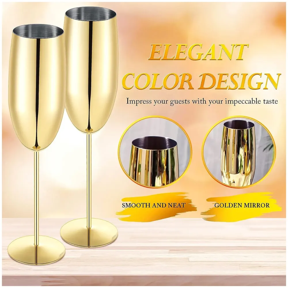 Stainless Steel Gold Champagne Glasses Flutes Set of 2, Unbreakable BPA Free Champagne Flutes Wedding Set for Wedding, Parties and Anniversary