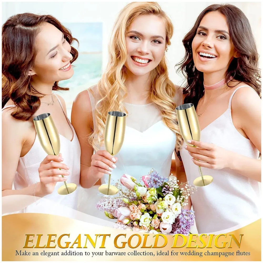 Stainless Steel Gold Champagne Glasses Flutes Set of 2, Unbreakable BPA Free Champagne Flutes Wedding Set for Wedding, Parties and Anniversary