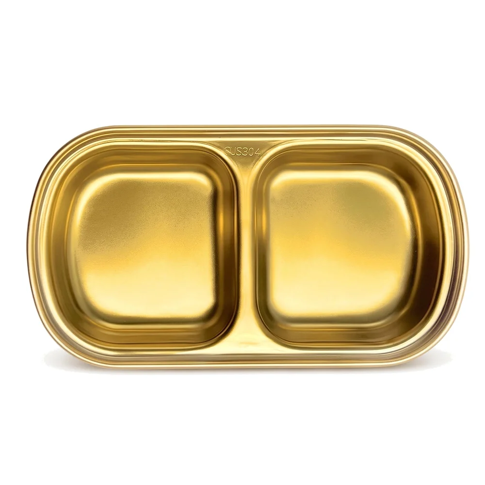 Gold Dipping Sauce Dish Golden Sets Stainless Steel Soy Sauce Dish Sauce Cups Dip Bowls Divided Sauce Dishes Platter (2 Compartments)