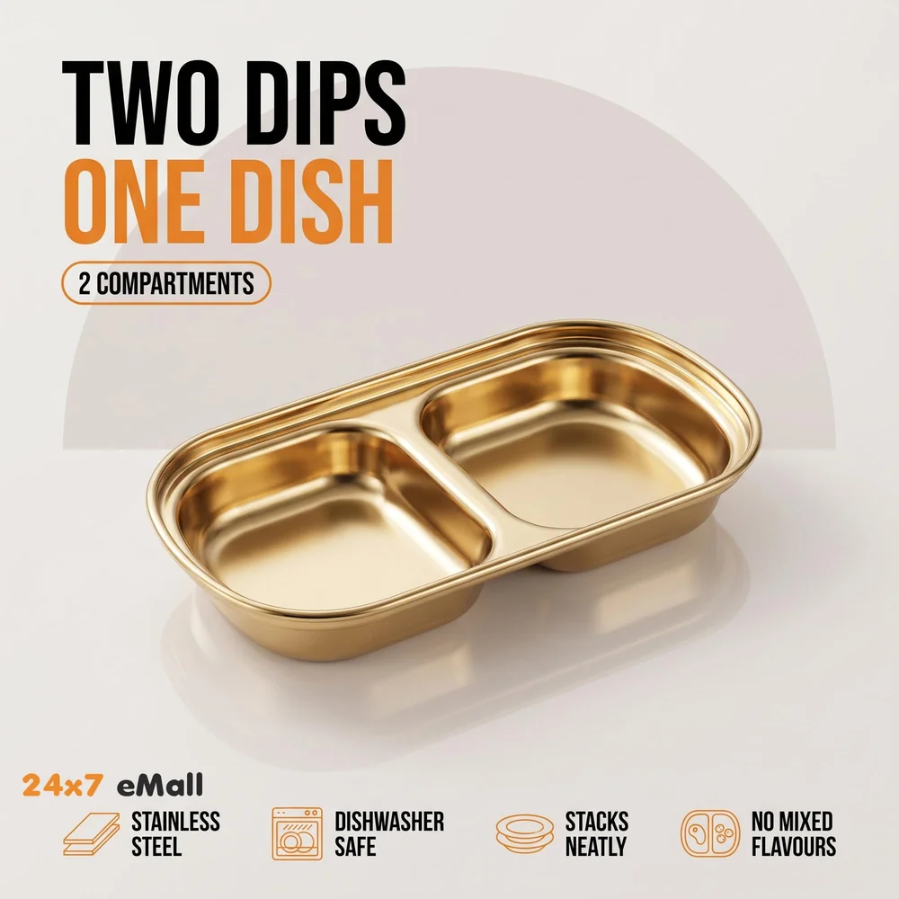 Gold Dipping Sauce Dish Golden Sets Stainless Steel Soy Sauce Dish Sauce Cups Dip Bowls Divided Sauce Dishes Platter (2 Compartments)