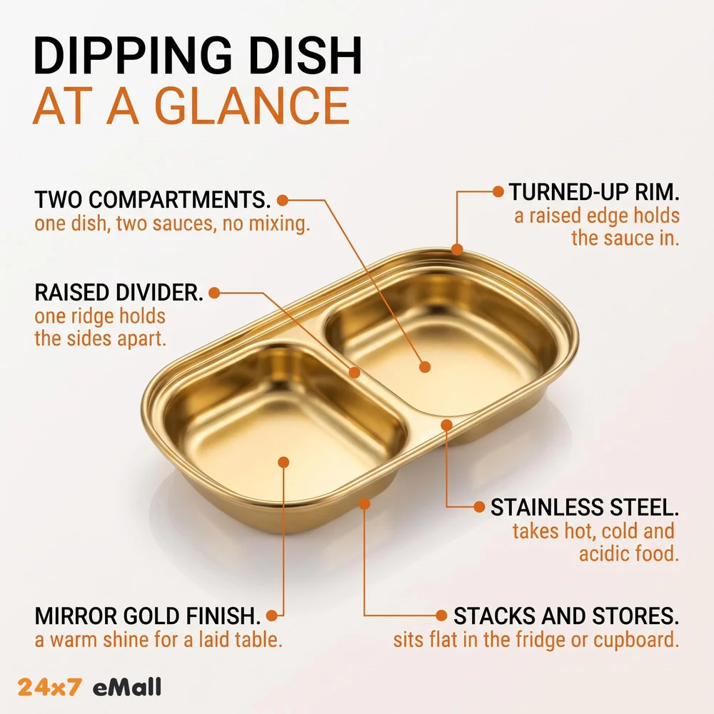 Gold Dipping Sauce Dish Golden Sets Stainless Steel Soy Sauce Dish Sauce Cups Dip Bowls Divided Sauce Dishes Platter (2 Compartments)