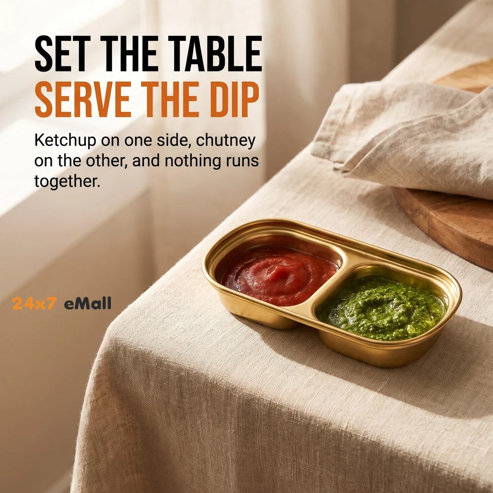 Gold Dipping Sauce Dish Golden Sets Stainless Steel Soy Sauce Dish Sauce Cups Dip Bowls Divided Sauce Dishes Platter (2 Compartments)