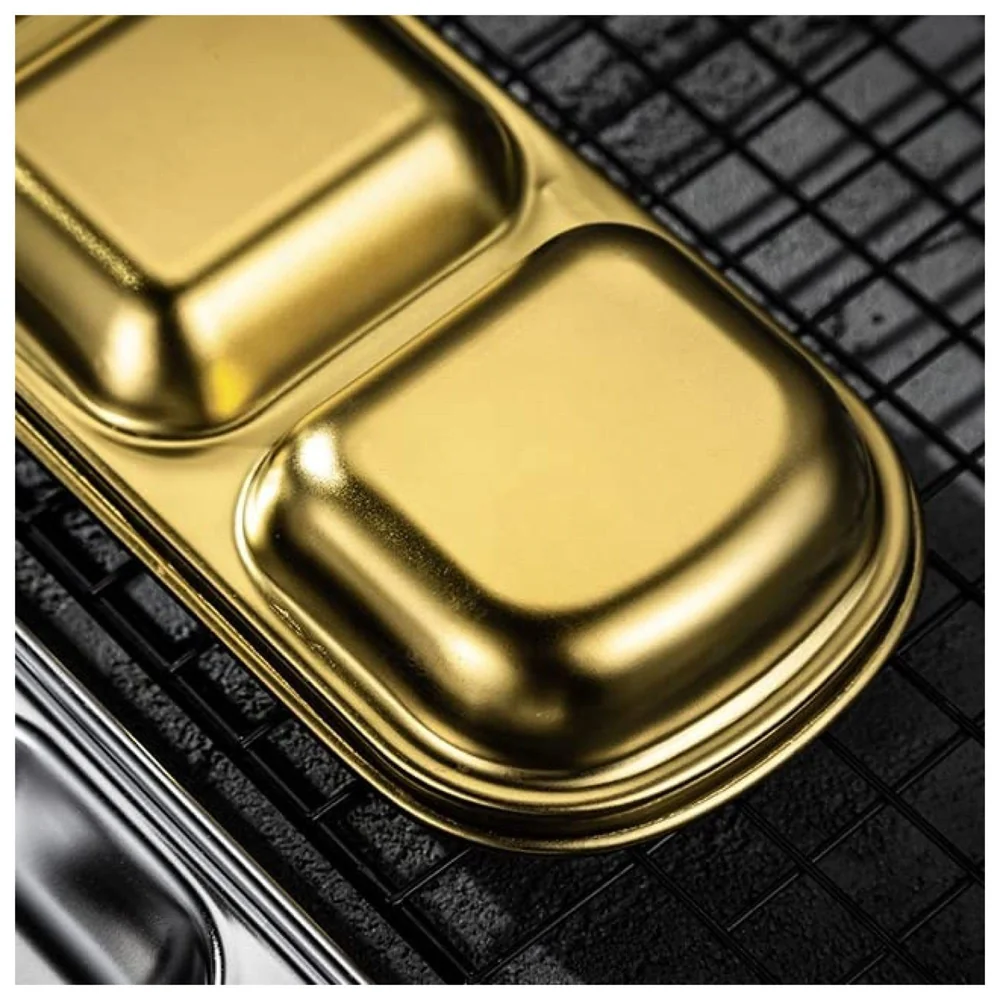Gold Dipping Sauce Dish Golden Sets Stainless Steel Soy Sauce Dish Sauce Cups Dip Bowls Divided Sauce Dishes Platter (2 Compartments)