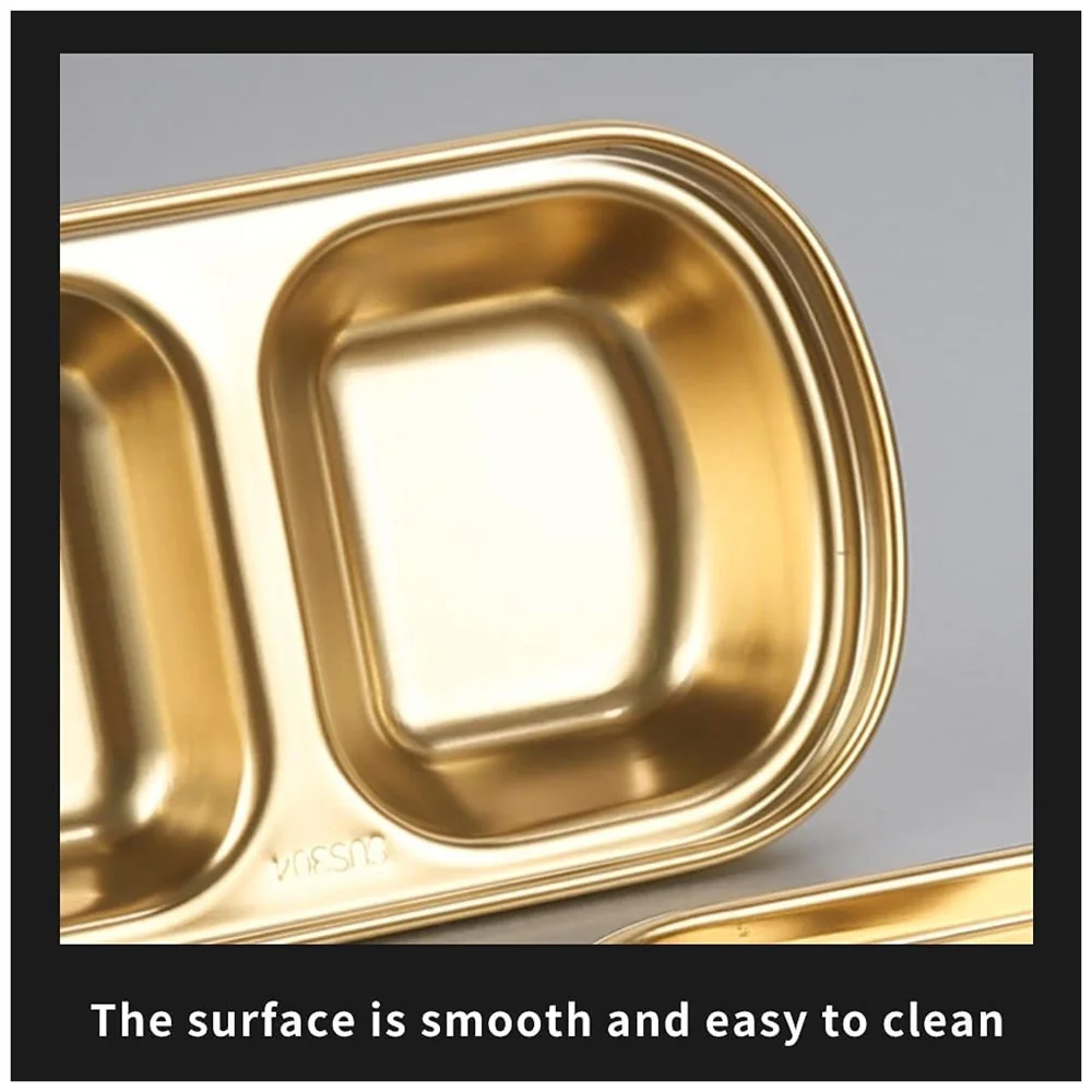 Gold Dipping Sauce Dish Golden Sets Stainless Steel Soy Sauce Dish Sauce Cups Dip Bowls Divided Sauce Dishes Platter (2 Compartments)
