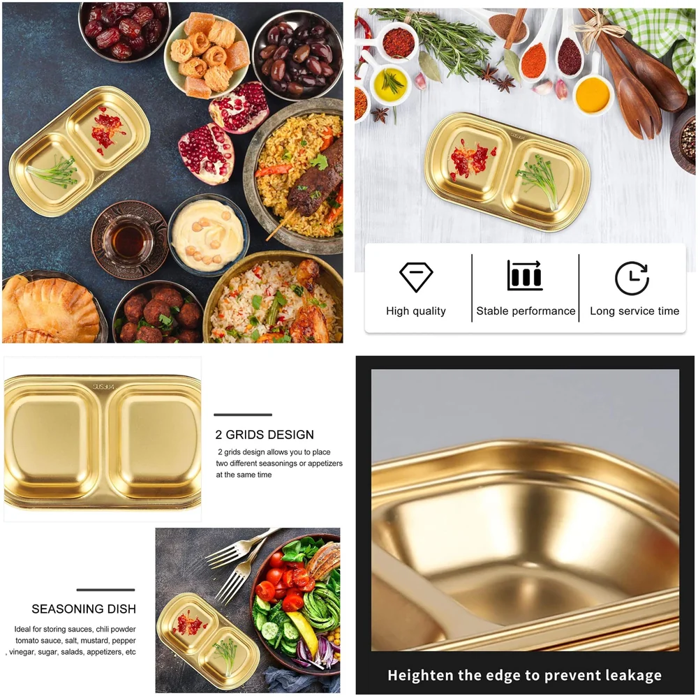Gold Dipping Sauce Dish Golden Sets Stainless Steel Soy Sauce Dish Sauce Cups Dip Bowls Divided Sauce Dishes Platter (2 Compartments)