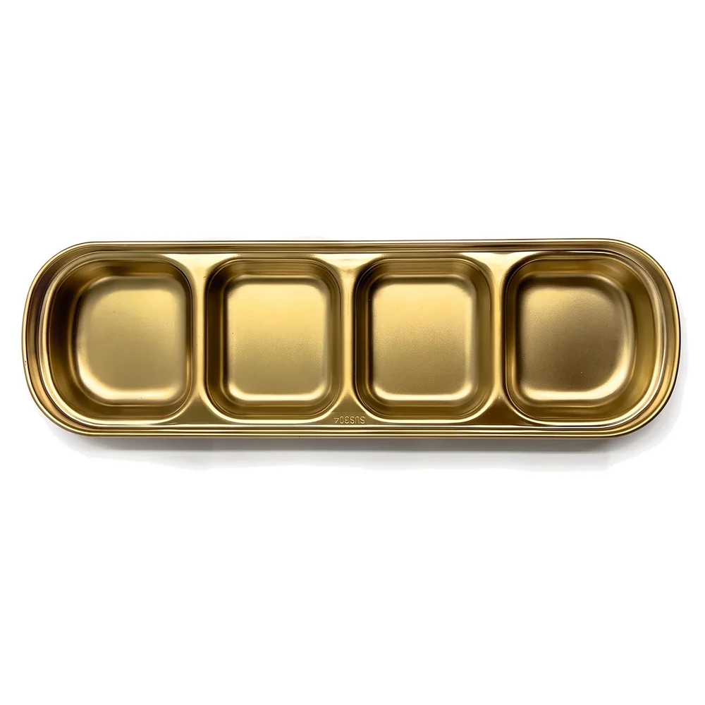Gold Dipping Sauce Dish Golden Sets Stainless Steel Soy Sauce Dish Sauce Cups Dip Bowls Divided Sauce Dishes Platter (4 Compartments)