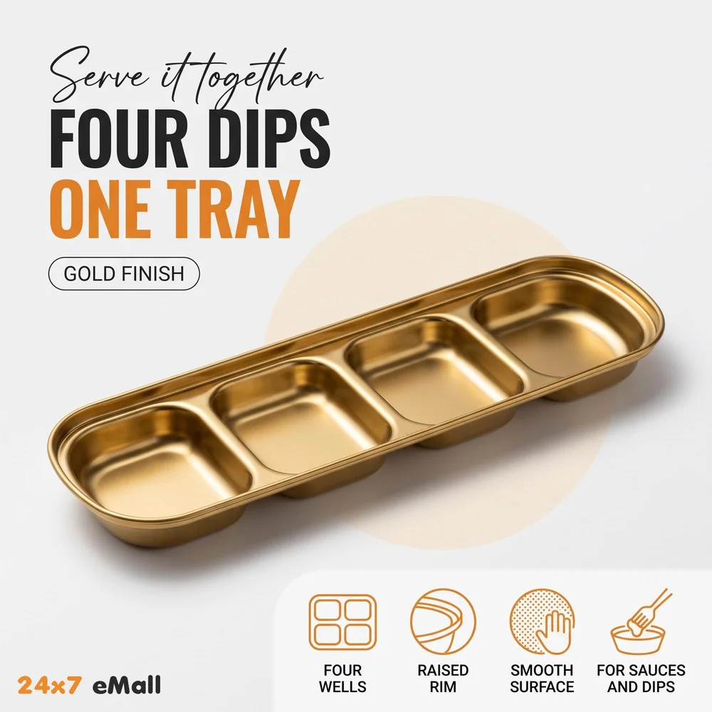 Gold Dipping Sauce Dish Golden Sets Stainless Steel Soy Sauce Dish Sauce Cups Dip Bowls Divided Sauce Dishes Platter (4 Compartments)