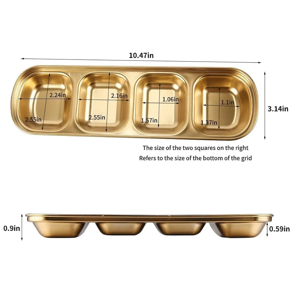 Gold Dipping Sauce Dish Golden Sets Stainless Steel Soy Sauce Dish Sauce Cups Dip Bowls Divided Sauce Dishes Platter (4 Compartments)