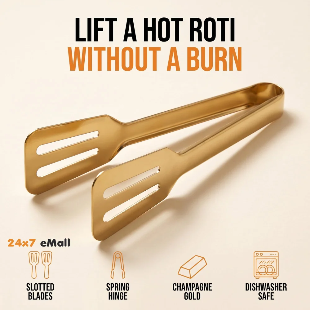 Gold Stainless Steel Tong (Chimta) for Rotis Buffet Desserts Salads Buffet Utensils Cutlery Non-Stick Golden