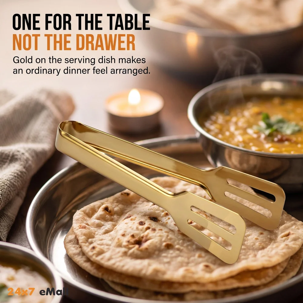Gold Stainless Steel Tong (Chimta) for Rotis Buffet Desserts Salads Buffet Utensils Cutlery Non-Stick Golden