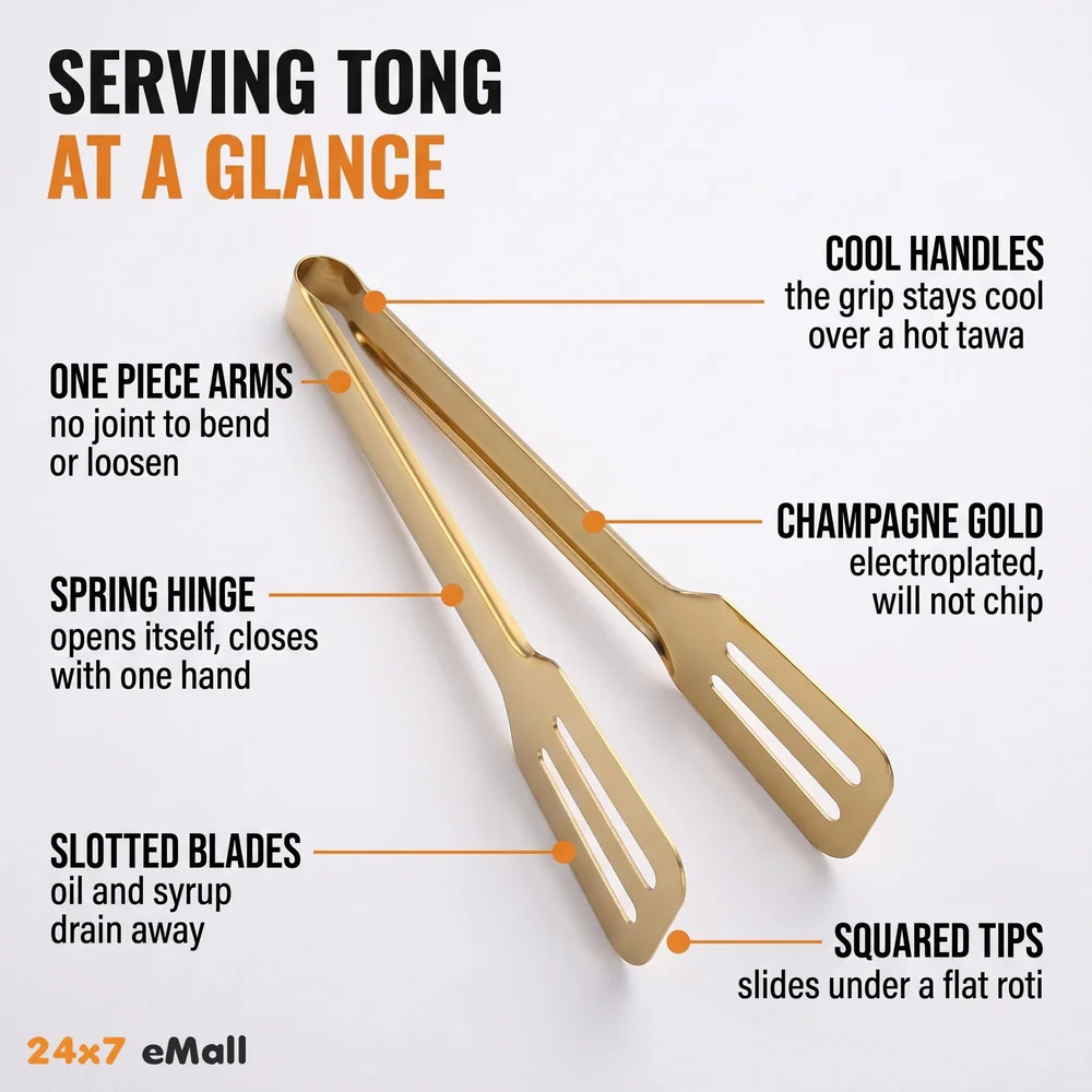 Gold Stainless Steel Tong (Chimta) for Rotis Buffet Desserts Salads Buffet Utensils Cutlery Non-Stick Golden