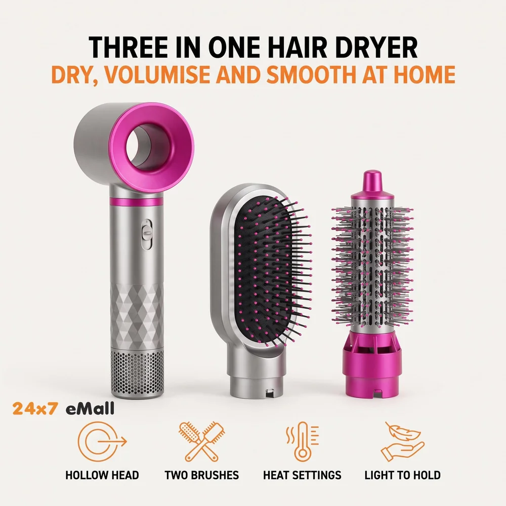 3 in 1 Hair Dryer Hollow Design With 2 Types Of Brushes Versatile Hair Drying And Styling Tool Blow Dry With Ease 1000W Volumizing, Drying, Smoothing, Unisex