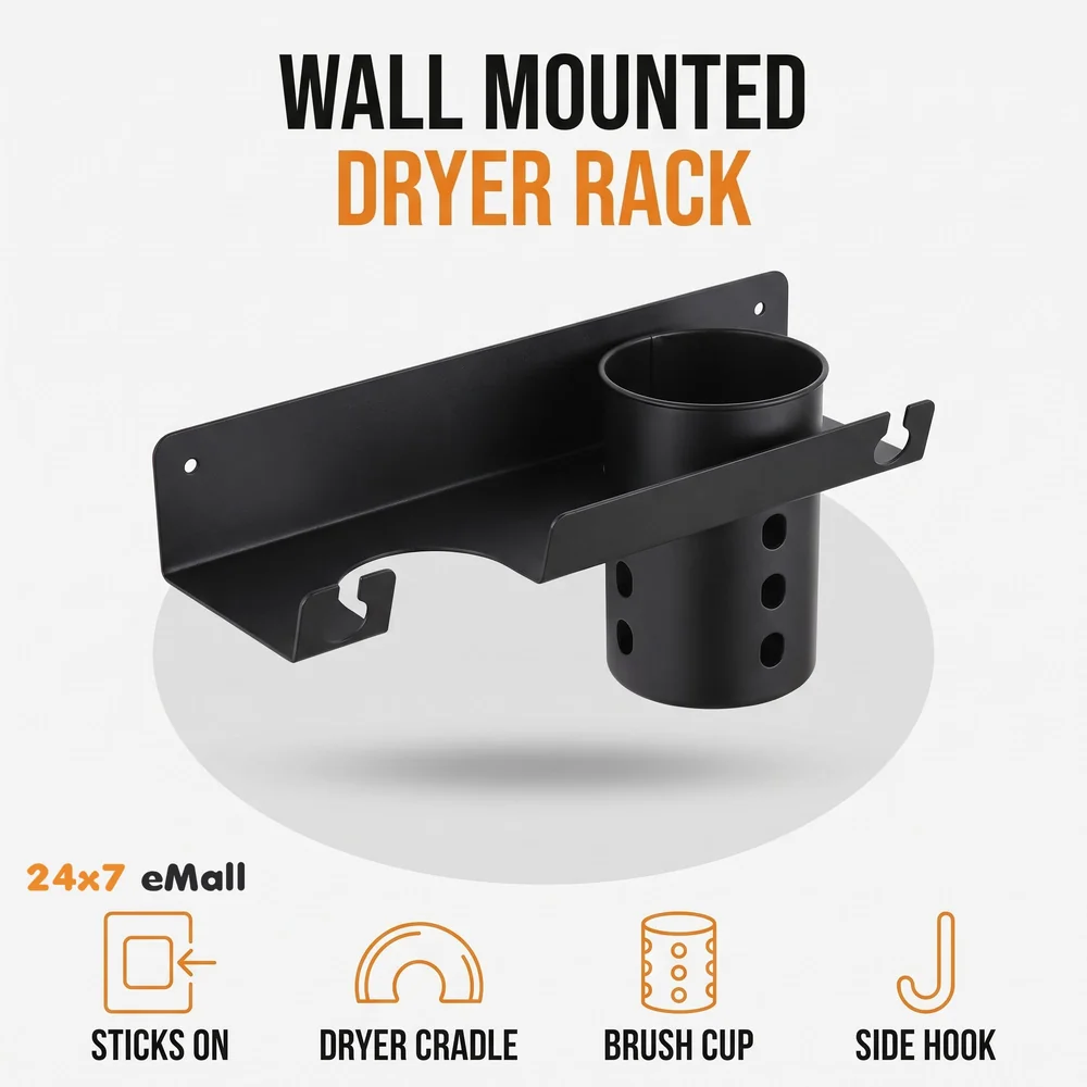 Hair Dryer Stand Rack Bracket, Wall Mounted Tool Organizer for All Hair Dryer, Ideal for Bathroom, Salon, and Dressing Room, Carbon Steel- 9 inch x 4.4 inch